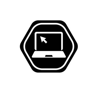 dizüstü bilgisayar simgesi. beyaz arkaplanda dizüstü bilgisayar ve imleç ok sembolü çizim şablonu 