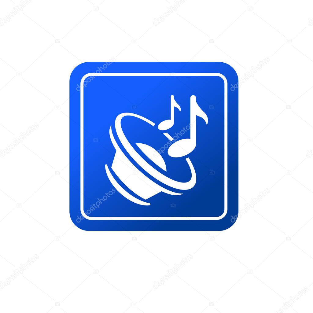 Speaker or subwoofer icon and music notes symbols.