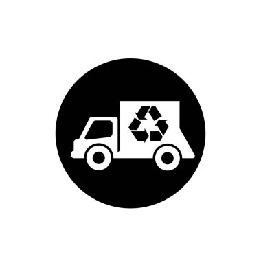 Çöp kamyonu sembolü. Geri dönüşüm ok logosuna sahip çöp kamyonu simgesi.