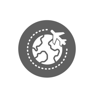 Uçak ve dünya sembolü. Uluslararası havayolu hizmeti ikonu. Denizaşırı uçuş logosu.