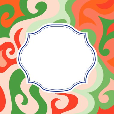 Renkli kıvrımlı dokuma süslemeleri ve boş kopyalama alanının soyut arka planına sahip tebrik kartı veya davet boş şablon tasarımı.