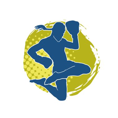 Hareketli erkek kickboksör atletinin silueti. Kickboks yapan bir adamın silueti..