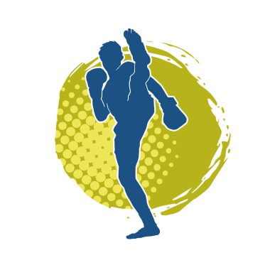 Hareketli erkek kickboksör atletinin silueti. Kickboks yapan bir adamın silueti..