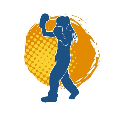 Hareketli kadın kickboksör atletinin silueti. Tekme atan bir kadının silueti..