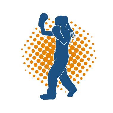 Hareketli kadın kickboksör atletinin silueti. Tekme atan bir kadının silueti..