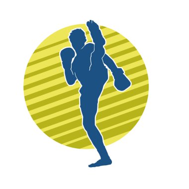 Hareketli erkek kickboksör atletinin silueti. Kickboks yapan bir adamın silueti..