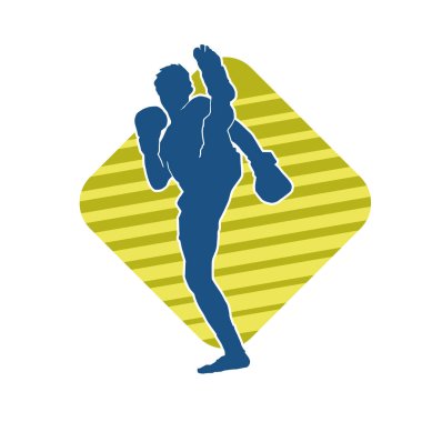 Hareketli erkek kickboksör atletinin silueti. Kickboks yapan bir adamın silueti..