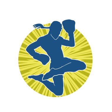 Hareketli erkek kickboksör atletinin silueti. Kickboks yapan bir adamın silueti..