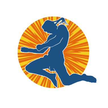 Hareketli erkek kickboksör atletinin silueti. Kickboks yapan bir adamın silueti..