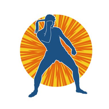 Hareketli erkek kickboksör atletinin silueti. Kickboks yapan bir adamın silueti..