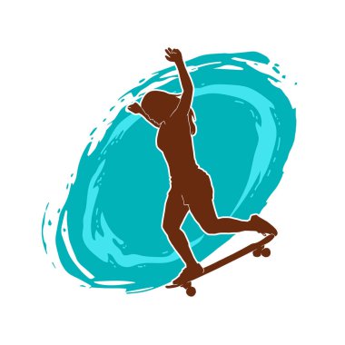 Güzel genç kız kaykayın taşıyıcı silueti. Sıska bir kadın kaykaycının silueti hareket halinde..