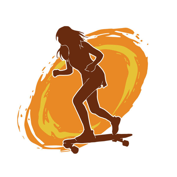 Векторный силуэт красивой девушки-подростка, катающейся на скейтборде. Силуэт тонкой женщины-скейтбордистки в действии.