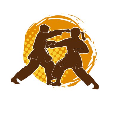 Silhouette of man and female martial art person doing kumite or duel fight exercise. clipart