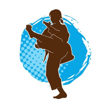 Dövüş sanatları tekmesi atan bir kadının silueti. Sportif bir kadının silueti tekme hareketi yapıyor..