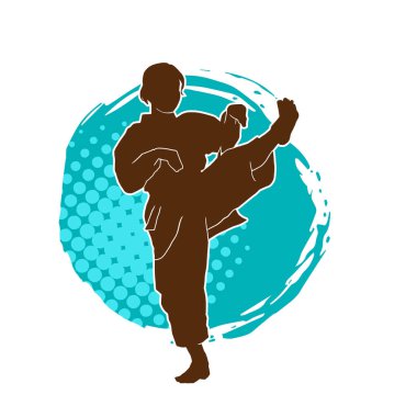 Dövüş sanatları tekmesi atan bir kadının silueti. Sportif bir kadının silueti tekme hareketi yapıyor..