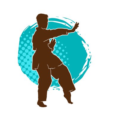 Doğu dövüş sanatı pozu veren bir adamın silueti. Dövüş sanatlarında bir erkeğin silueti..