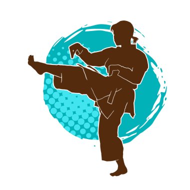 Dövüş sanatları tekmesi atan bir kadının silueti. Sportif bir kadının silueti tekme hareketi yapıyor..