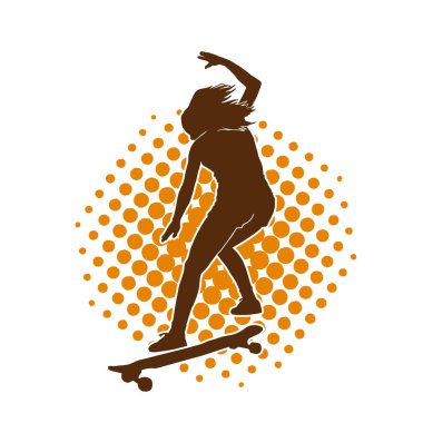 Hareket halindeki bir kadın silueti kaykay üzerinde poz veriyor. Kaykaylı şehirli bir kızın silueti..