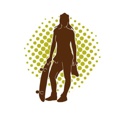 Hareket halindeki bir kadın silueti kaykay üzerinde poz veriyor. Kaykaylı şehirli bir kızın silueti..