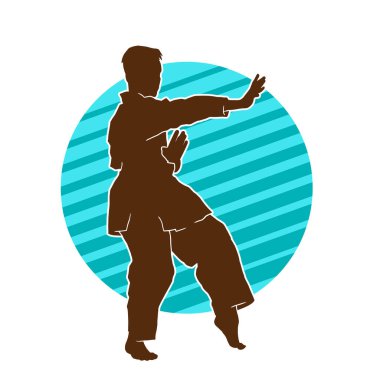 Doğu dövüş sanatı pozu veren bir adamın silueti. Dövüş sanatlarında bir erkeğin silueti..