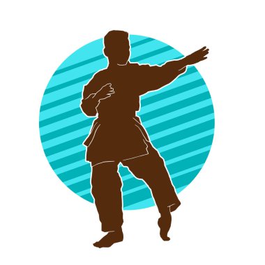 Doğu dövüş sanatı pozu veren bir adamın silueti. Dövüş sanatlarında bir erkeğin silueti..