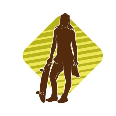 Hareket halindeki bir kadın silueti kaykay üzerinde poz veriyor. Kaykaylı şehirli bir kızın silueti..