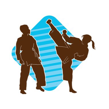 Erkek ve kadın dövüş sanatları ustasının silueti kumite ya da düello egzersizi yapıyor..