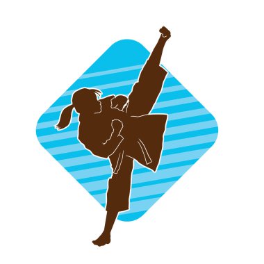 Dövüş sanatları tekmesi atan bir kadının silueti. Sportif bir kadının silueti tekme hareketi yapıyor..