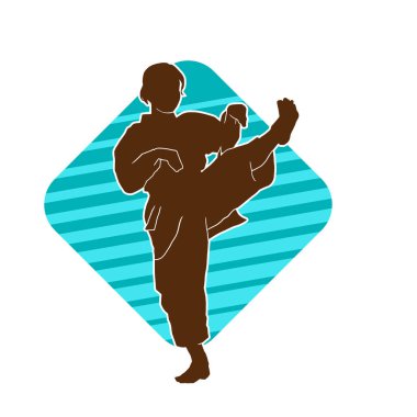 Dövüş sanatları tekmesi atan bir kadının silueti. Sportif bir kadının silueti tekme hareketi yapıyor..