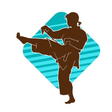 Dövüş sanatları tekmesi atan bir kadının silueti. Sportif bir kadının silueti tekme hareketi yapıyor..