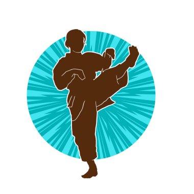 Dövüş sanatları tekmesi atan bir kadının silueti. Sportif bir kadının silueti tekme hareketi yapıyor..
