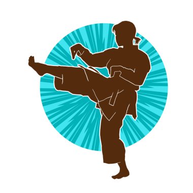 Dövüş sanatları tekmesi atan bir kadının silueti. Sportif bir kadının silueti tekme hareketi yapıyor..