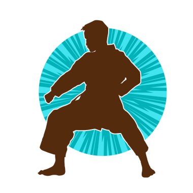 Doğu dövüş sanatı pozu veren bir adamın silueti. Dövüş sanatlarında bir erkeğin silueti..