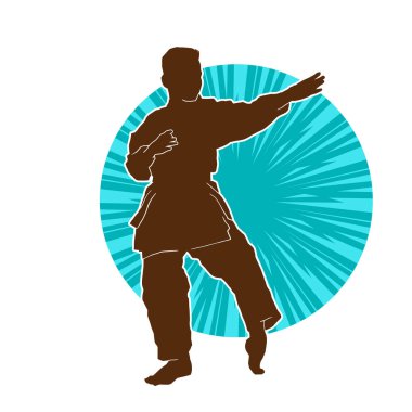 Doğu dövüş sanatı pozu veren bir adamın silueti. Dövüş sanatlarında bir erkeğin silueti..