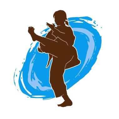 Dövüş sanatları tekmesi atan bir kadının silueti. Sportif bir kadının silueti tekme hareketi yapıyor..