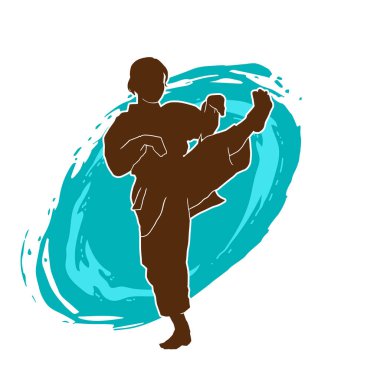 Dövüş sanatları tekmesi atan bir kadının silueti. Sportif bir kadının silueti tekme hareketi yapıyor..