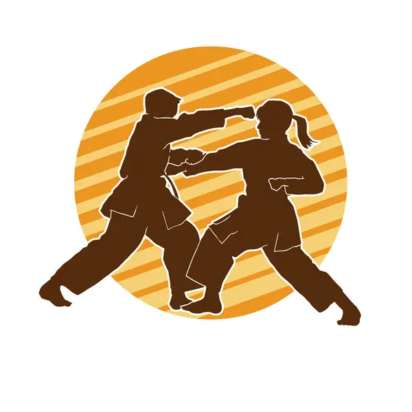 stock vector Silhouette of man and female martial art person doing kumite or duel fight exercise.