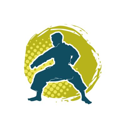 Doğu dövüş sanatı pozu veren bir adamın silueti. Dövüş sanatlarında bir erkeğin silueti..