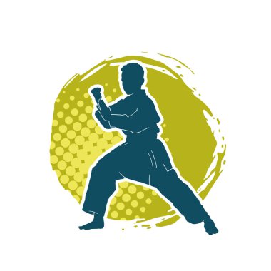 Doğu dövüş sanatı pozu veren bir adamın silueti. Dövüş sanatlarında bir erkeğin silueti..