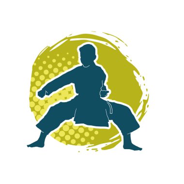 Doğu dövüş sanatı pozu veren bir adamın silueti. Dövüş sanatlarında bir erkeğin silueti..