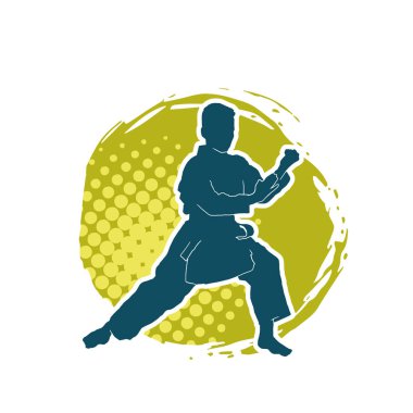 Doğu dövüş sanatı pozu veren bir adamın silueti. Dövüş sanatlarında bir erkeğin silueti..