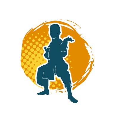 Doğu dövüş sanatı pozu veren bir adamın silueti. Dövüş sanatlarında bir erkeğin silueti..