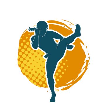 Hareketli erkek kickboksör atletinin silueti. Kickboks yapan bir adamın silueti..