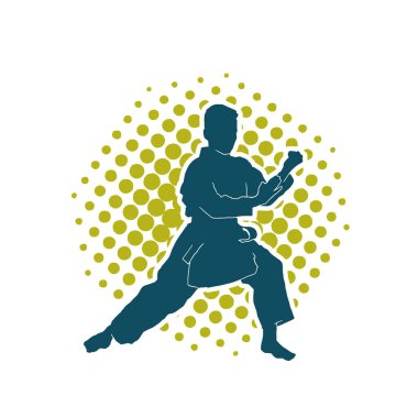 Doğu dövüş sanatı pozu veren bir adamın silueti. Dövüş sanatlarında bir erkeğin silueti..