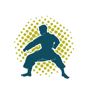 Doğu dövüş sanatı pozu veren bir adamın silueti. Dövüş sanatlarında bir erkeğin silueti..