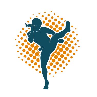 Hareketli erkek kickboksör atletinin silueti. Kickboks yapan bir adamın silueti..