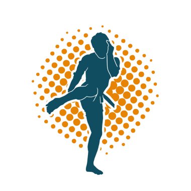 Hareketli erkek kickboksör atletinin silueti. Kickboks yapan bir adamın silueti..