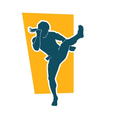 Hareketli erkek kickboksör atletinin silueti. Kickboks yapan bir adamın silueti..