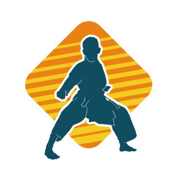 Doğu dövüş sanatı pozu veren bir adamın silueti. Dövüş sanatlarında bir erkeğin silueti..