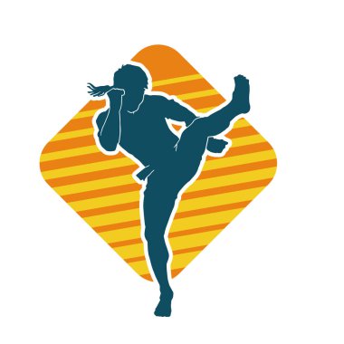 Hareketli erkek kickboksör atletinin silueti. Kickboks yapan bir adamın silueti..